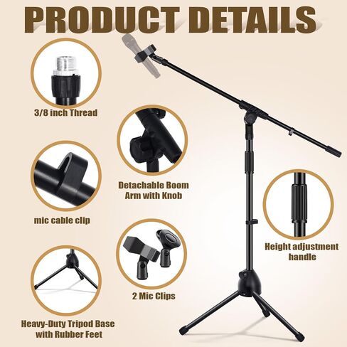 Tellegloww 2 Pcs Microphone Stand Tripod Boom Arm Podium Studio Mic Stand Adjustable Height 75 Inches, Microphone Arm to 27 Inches Comes with 3/8 Inch and 5/8 Inch Mount Adapters in Saudi Arabia