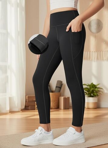 Women's High Waisted Thermal Winter Leggings Fleece Lined Water Resistant Warm Tights with Side Pockets in Saudi Arabia