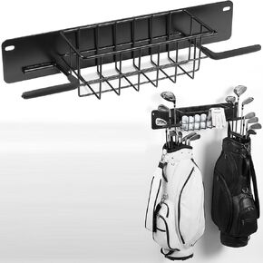 Aking Ace 2-Bag Golf Wall Mount مع سلة تخزين | منظم جراج عالي التحمل، رف مثبت على الحائط، لنوادي الجولف والكرات والقفازات والقبعات، يناسب حقائب الحامل والعربة in Kuwait