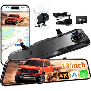 كاميرا مرآة الرؤية الخلفية مقاس 12 بوصة 4K مع CarPlay&Andorid Auto، كاميرا مرآة أمامية وخلفية لشاحنة السيارة مع التحكم الصوتي وشاشة تعمل باللمس، مساعدة عكسية/تسجيل حلقة/مستشعر G/بطاقة 64 جيجابايت متضمنة in Kuwait