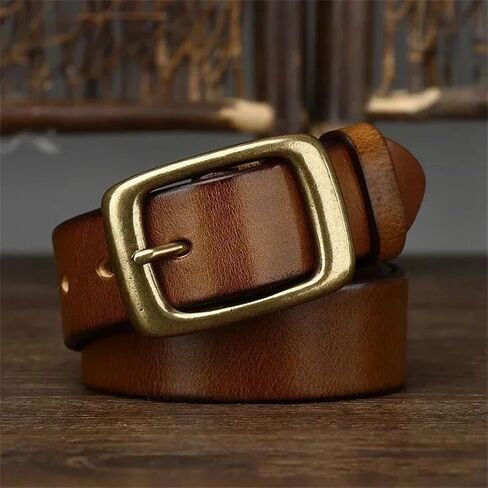 Unisex Leather Belt - 3.3 cm Solid Cowskin with Brass Pin Buckle for Casual Wear in Kuwait