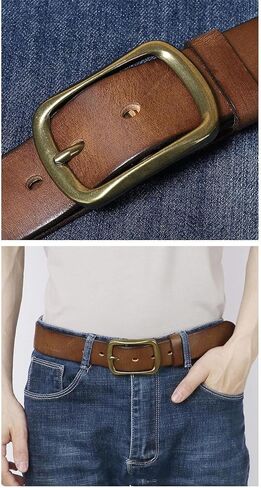 Men's Leather Belt - 3.8 cm Solid Cowhide with Brass Buckle for Jeans in Kuwait