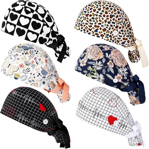 BBTO 6 Pieces Scrub Caps for Women with Button, Adjustable Bouffant Surgical Caps with Ponytail Holder Cotton Nurse Hats for Long Hair Working(Multicolor) in Kuwait