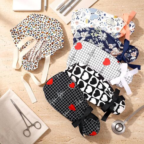 BBTO 6 Pieces Scrub Caps for Women with Button, Adjustable Bouffant Surgical Caps with Ponytail Holder Cotton Nurse Hats for Long Hair Working(Multicolor) in Kuwait