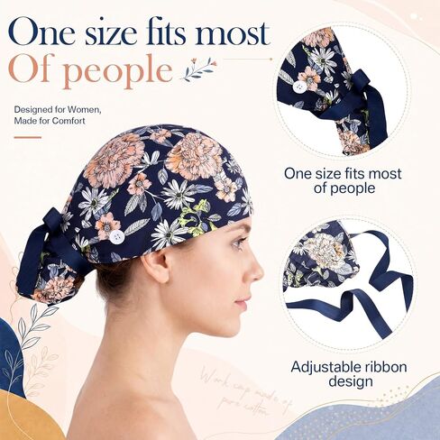 BBTO 6 Pieces Scrub Caps for Women with Button, Adjustable Bouffant Surgical Caps with Ponytail Holder Cotton Nurse Hats for Long Hair Working(Multicolor) in Kuwait