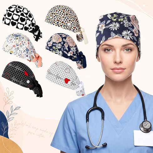 BBTO 6 Pieces Scrub Caps for Women with Button, Adjustable Bouffant Surgical Caps with Ponytail Holder Cotton Nurse Hats for Long Hair Working(Multicolor) in Kuwait