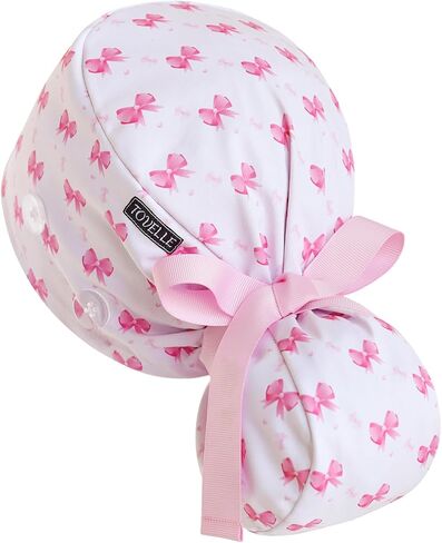 Scrub Caps Women Ponytail – Pink Bow Double-Sided Printed Surgical Hat with Buttons and Sweatband, Soft Nurse Cap for Long Hair, Helps Reduce Static Buildup in Kuwait