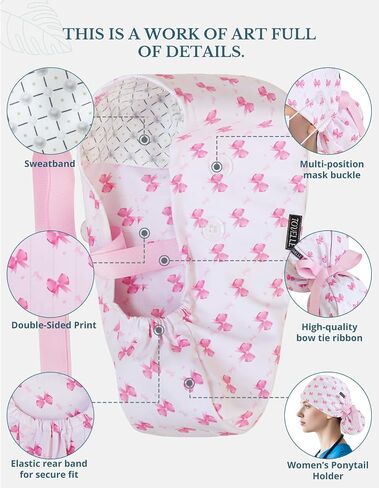 Scrub Caps Women Ponytail – Pink Bow Double-Sided Printed Surgical Hat with Buttons and Sweatband, Soft Nurse Cap for Long Hair, Helps Reduce Static Buildup in Kuwait