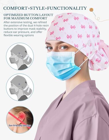 Scrub Caps Women Ponytail – Pink Bow Double-Sided Printed Surgical Hat with Buttons and Sweatband, Soft Nurse Cap for Long Hair, Helps Reduce Static Buildup in Kuwait