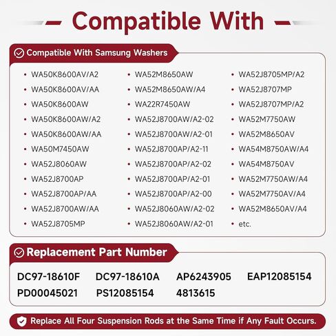طقم قضيب تعليق الغسالة 28.3 بوصة متوافق مع Samsung Replace #: DC97-18610F DC97-18610A، مناسب WA50M7450AW WA54M8750AV WA52M7750AV WA52M8650AV WA55A7700AV WA40M7450AP قضيب ممتص الصدمات in Kuwait