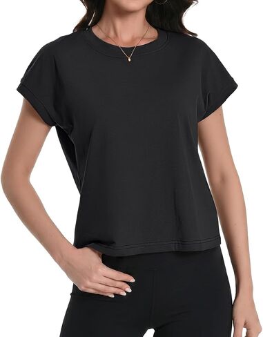Womens Crop Tops Cap Sleeve Cotton T Shirts Crewneck Loose Fit Trendy Tee Summer Workout Tops 2025 in Saudi Arabia