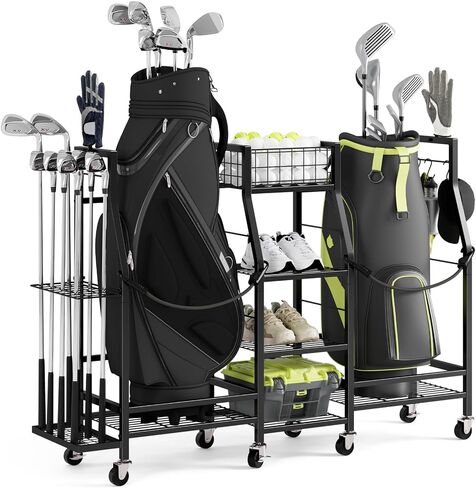 Golf Bag Storage Rack for Garage with Wheels, Holds 2 Golf Bags, Golf Club & Golf Accessories Organizer with Shelves, Accessory Baskets & Glove Holders in Kuwait
