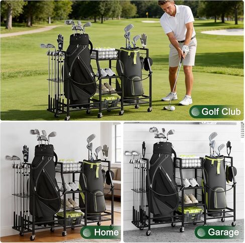 Golf Bag Storage Rack for Garage with Wheels, Holds 2 Golf Bags, Golf Club & Golf Accessories Organizer with Shelves, Accessory Baskets & Glove Holders in Kuwait