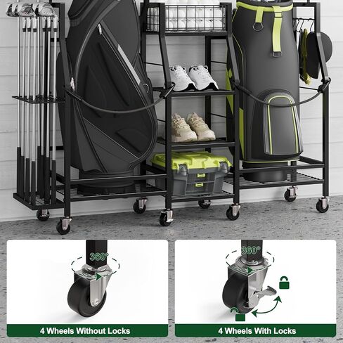 Golf Bag Storage Rack for Garage with Wheels, Holds 2 Golf Bags, Golf Club & Golf Accessories Organizer with Shelves, Accessory Baskets & Glove Holders in Kuwait