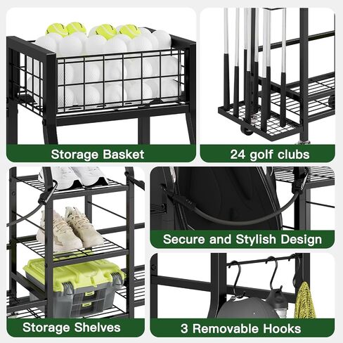 Golf Bag Storage Rack for Garage with Wheels, Holds 2 Golf Bags, Golf Club & Golf Accessories Organizer with Shelves, Accessory Baskets & Glove Holders in Kuwait