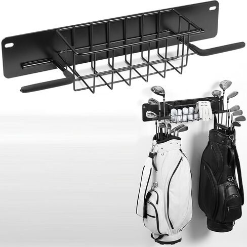 Aking Ace 2-Bag Golf Wall Mount with Storage Basket | Heavy-Duty Garage Organizer, Wall Mounted Rack, For Golf Clubs, Balls, Gloves & Hats, Fits Stand & Cart Bags in Kuwait