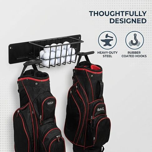 Aking Ace 2-Bag Golf Wall Mount with Storage Basket | Heavy-Duty Garage Organizer, Wall Mounted Rack, For Golf Clubs, Balls, Gloves & Hats, Fits Stand & Cart Bags in Kuwait