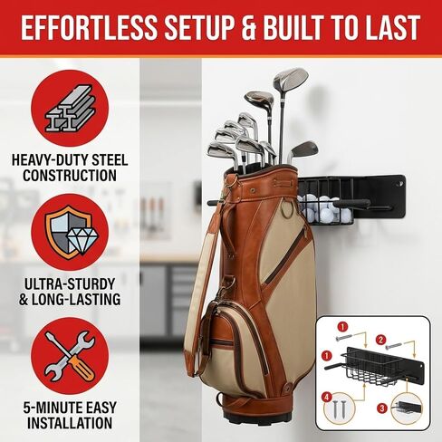 Aking Ace 2-Bag Golf Wall Mount with Storage Basket | Heavy-Duty Garage Organizer, Wall Mounted Rack, For Golf Clubs, Balls, Gloves & Hats, Fits Stand & Cart Bags in Kuwait
