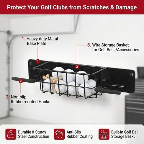 Aking Ace 2-Bag Golf Wall Mount with Storage Basket | Heavy-Duty Garage Organizer, Wall Mounted Rack, For Golf Clubs, Balls, Gloves & Hats, Fits Stand & Cart Bags in Kuwait