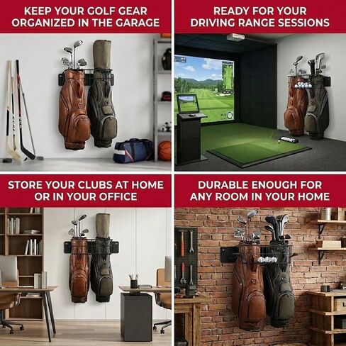 Aking Ace 2-Bag Golf Wall Mount with Storage Basket | Heavy-Duty Garage Organizer, Wall Mounted Rack, For Golf Clubs, Balls, Gloves & Hats, Fits Stand & Cart Bags in Kuwait