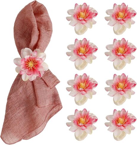 Dahlia Flower Napkin Rings Set of 8, Handmade Floral Napkin Rings with Jute Buckles Dinner Napkin Holder for Valentine's Day, Wedding, Dinners, Festival Parties Table Decoration(Rose Red) in Kuwait