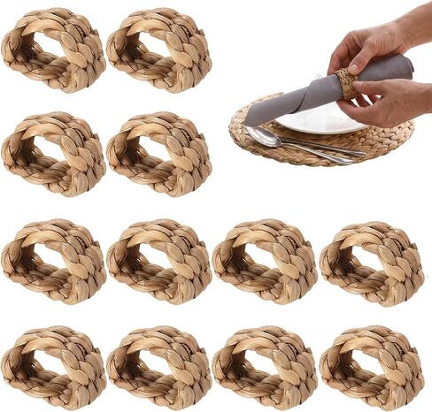 12 Pcs Woven Napkin Rings, Semi Circle Water Hyacinth Napkin Holders, Handmade Rustic Boho Farmhouse Napkin Rings for Wedding Banquet Spring Table Decor in Kuwait