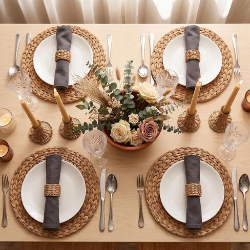 12 Pcs Woven Napkin Rings, Semi Circle Water Hyacinth Napkin Holders, Handmade Rustic Boho Farmhouse Napkin Rings for Wedding Banquet Spring Table Decor in Kuwait