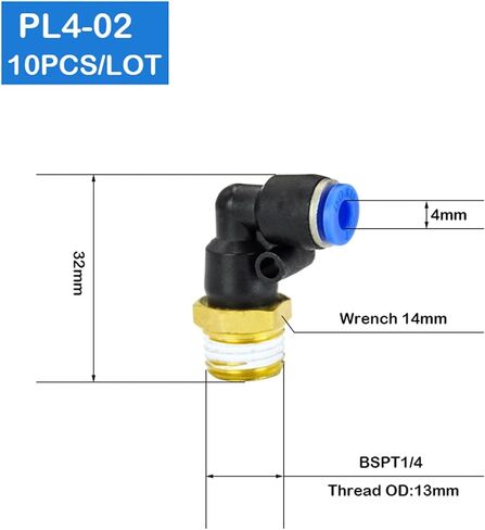 10Pcs PL4-02 1/4 Inch Male Thread To 4mm Elbow Pneumatic Connector Fittings in Kuwait