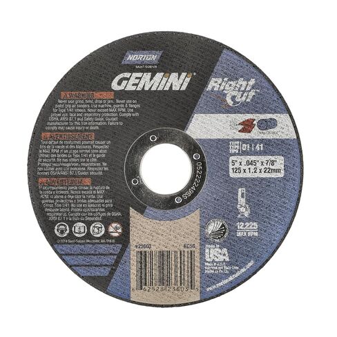 Norton Gemini Right Cut Right Angle Grinder Reinforced Abrasive Flat Cut-off Wheel, Type 01, Aluminum Oxide, 7/8" Arbor, 5" Diameter x 0.045" Thickness (Pack of 5) in Kuwait