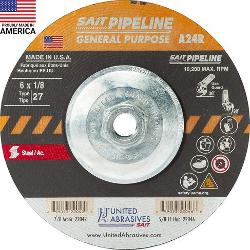 United Abrasives-SAIT 22046 A24R General Purpose Pipeline Wheel (Type 27 Depressed Center) 6" x 1/8" x 5/8-11", 10-Pack in Kuwait
