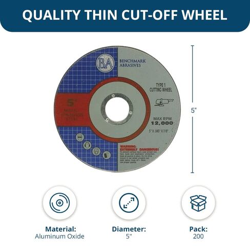 Benchmark Abrasives 5" Cut Off Wheel Pro Metal Self-Sharpening Steel Cutting Wheel 0.045" Thick 7/8" Arbor, Angle Grinder Cutting Wheel, Aggressive Cutting of Aluminum Grinding Wheel - 200 Pack in Kuwait