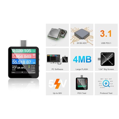 جهاز اختبار Sorandy USB C مع 20 بت ADC، دقة 0.00002V 0.00003A ARM Cortex M4 192 ميجا هرتز، جهاز اختبار مع مستشعر جاذبية شاشة IPS 1.54 بوصة لـ PD3.1 QC5.0 SCP AFC SVOOC in Kuwait