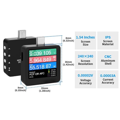 جهاز اختبار Sorandy USB C مع 20 بت ADC، دقة 0.00002V 0.00003A ARM Cortex M4 192 ميجا هرتز، جهاز اختبار مع مستشعر جاذبية شاشة IPS 1.54 بوصة لـ PD3.1 QC5.0 SCP AFC SVOOC in Kuwait