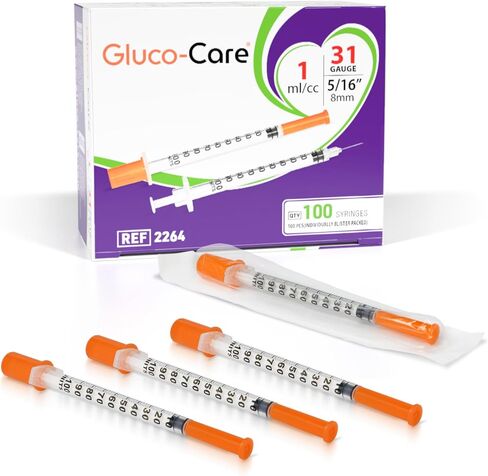 GLUCO-CARE 1 ml/cc Syringes 31G x 5/16’’ (8mm), Lab Syringe, Orange Cap, Individually Wrapped, 100 Scientific Dispensers Lab per Box in Kuwait