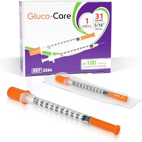 GLUCO-CARE 1 ml/cc Syringes 31G x 5/16’’ (8mm), Lab Syringe, Orange Cap, Individually Wrapped, 100 Scientific Dispensers Lab per Box in Kuwait