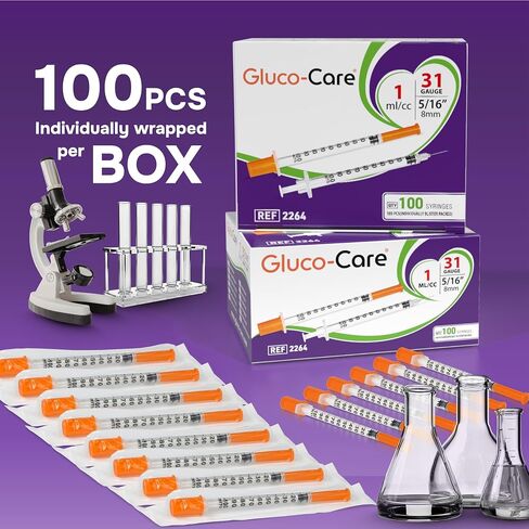 GLUCO-CARE 1 ml/cc Syringes 31G x 5/16’’ (8mm), Lab Syringe, Orange Cap, Individually Wrapped, 100 Scientific Dispensers Lab per Box in Kuwait