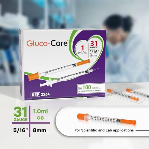 GLUCO-CARE 1 ml/cc Syringes 31G x 5/16’’ (8mm), Lab Syringe, Orange Cap, Individually Wrapped, 100 Scientific Dispensers Lab per Box in Kuwait