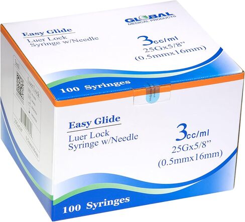 Easy Glide Luer Lock Syringe 3cc/ml, 25G x 5/8 inch, 100 Count in Kuwait