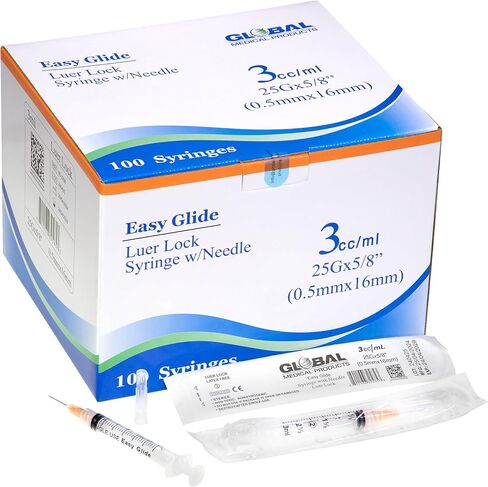 Easy Glide Luer Lock Syringe 3cc/ml, 25G x 5/8 inch, 100 Count in Kuwait