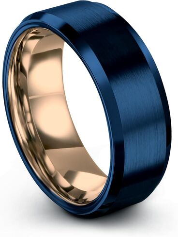 Tungsten Carbide Wedding Band Ring 8mm for Men Women 18K Rose Gold Blue Grey Exterior Bevel Edge Brushed Polished Personalized Custom Engraving Anniversary Engagement in Kuwait