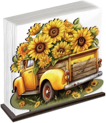 Sunflower Wooden Napkin Holder, Summer Sunflower Truck Tissue Dispenser Rustic Summer Sunflowers Decor for Table Kitchen Dining Room Coffee Station Home in Kuwait