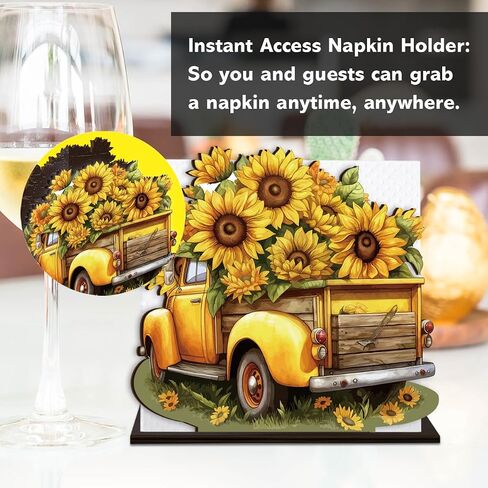 Sunflower Wooden Napkin Holder, Summer Sunflower Truck Tissue Dispenser Rustic Summer Sunflowers Decor for Table Kitchen Dining Room Coffee Station Home in Kuwait