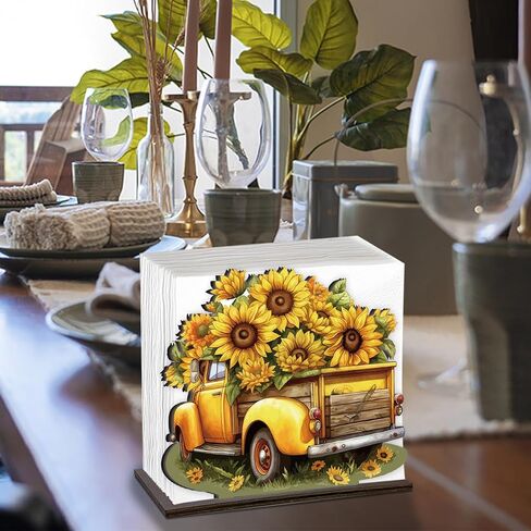 Sunflower Wooden Napkin Holder, Summer Sunflower Truck Tissue Dispenser Rustic Summer Sunflowers Decor for Table Kitchen Dining Room Coffee Station Home in Kuwait