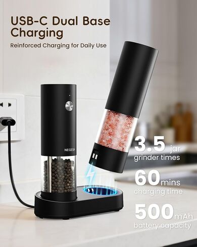 مجموعة مطحنة الملح والفلفل الكهربائية، قاعدة USB قابلة لإعادة الشحن، تشغيل تلقائي بيد واحدة، 6 خشونة قابلة للتعديل، سعة 140 مل، ضوء LED، قابلة لإعادة الملء للمطبخ، هدية الانتقال لمنزل جديد in Kuwait