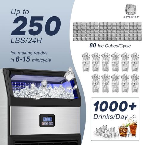 SOZT® Commercial Ice Maker Machine 250LBS/24H, Stainless Steel Under Counter Ice Machine with 75LBS Storage Bin, Self-Cleaning Freestanding Ice Cube Maker for Restaurant, Bar, Home, Office in Kuwait