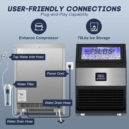 SOZT® Commercial Ice Maker Machine 250LBS/24H, Stainless Steel Under Counter Ice Machine with 75LBS Storage Bin, Self-Cleaning Freestanding Ice Cube Maker for Restaurant, Bar, Home, Office in Kuwait