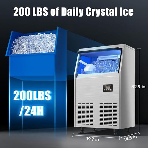 ماكينة صنع الثلج التجارية تحت الطاولة من Coolski، 200 رطل/24 ساعة، معتمدة من ETL وDOE، 45 قطعة مع صندوق تخزين 35 رطل، نظام تبريد مروحة من الفولاذ المقاوم للصدأ ماكينة ثلج قائمة بذاتها لبار المنزل والمكتب والكنيسة in Kuwait