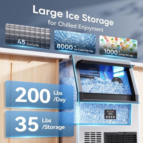 آلة صنع الثلج التجارية من Coolake، ماكينة صنع الثلج تحت المنضدة بسعة 200 رطل/اليوم مع تخزين 35 رطلًا، ماكينة ثلج خارجية مدمجة قائمة بذاتها من الفولاذ المقاوم للصدأ مع فلتر مياه للكنيسة المنزلية والمقهى in Kuwait