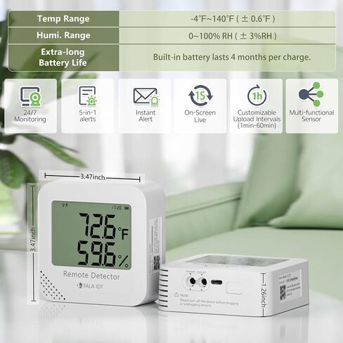 WiFi Temperature & Humidity Monitor, No Subscription 24/7 Remote Temp Sensor with Email, Text Alerts, Sound & Light Alarm, Idea for RV, Pet, Greenhouse, Farm, Freezer, Server Room,S22D in Kuwait