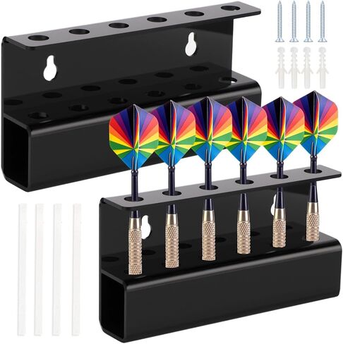 2 PCS Black Acrylic Dart Holders, Wall Mounted Dart Rack for 6 Each, Wall Darts Storage and Display Shelf with Screws & Dual-Sided Adhesive Pads for Steel Tip and Soft Tip Darts in Kuwait